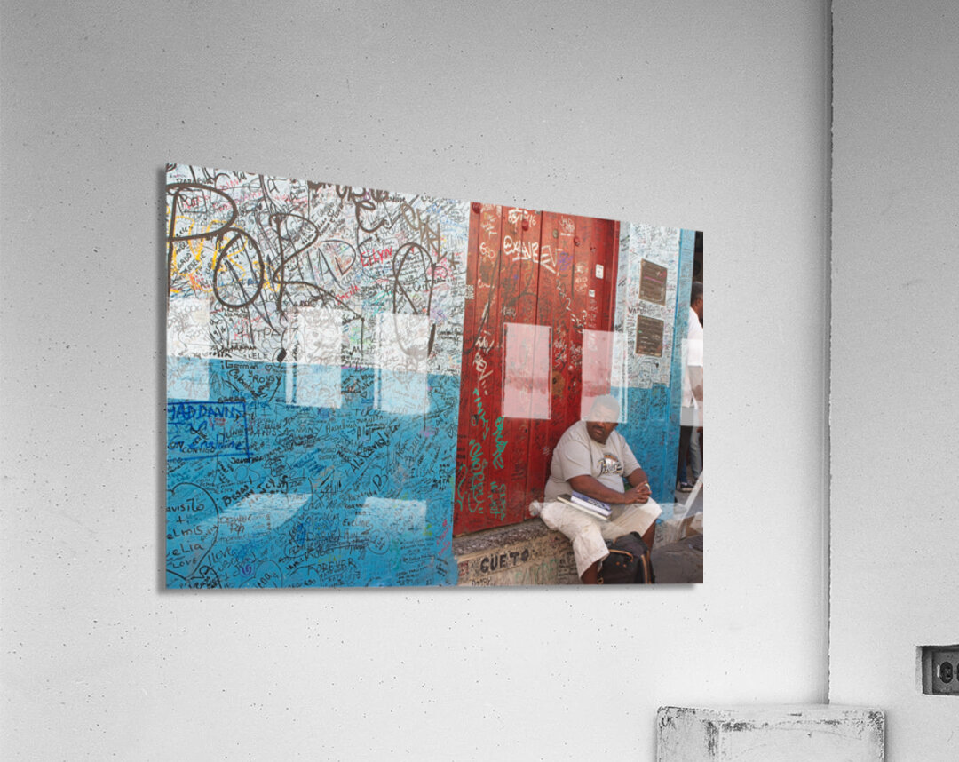 Graffiti-Covered Wall with Seated Man Acrylic Print