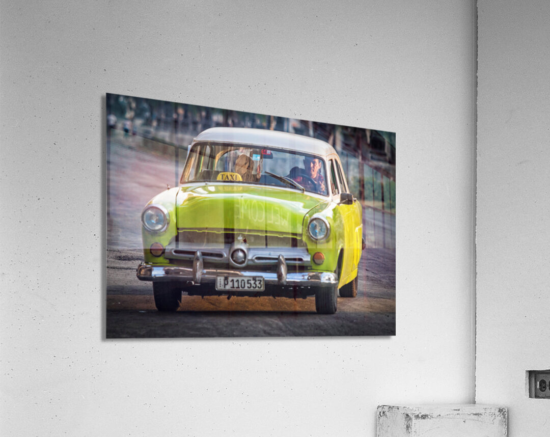 Lime-Green Vintage Taxi Impression acrylique